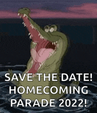 a cartoon crocodile is swimming in the water with its mouth open and says `` save the date ! homecoming parade 2022 ! ''