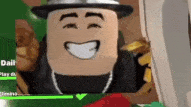 a close up of a roblox character with a hat and a smile on his face .