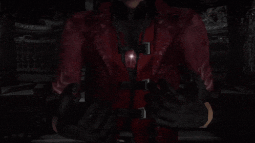 a video game character with white hair and a red jacket is sitting in a dark room
