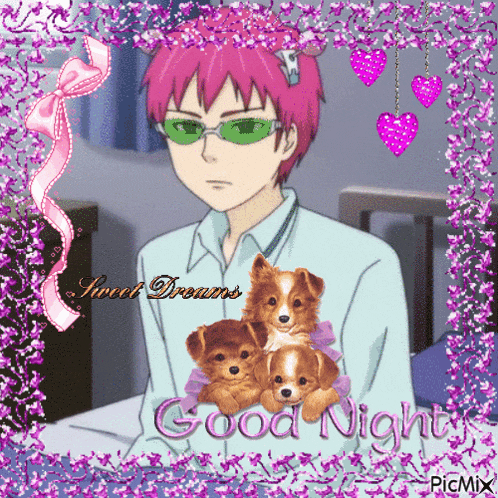 a picture of a boy with pink hair and green glasses says sweet dreams good night