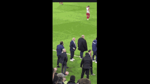 a group of people are standing on a soccer field