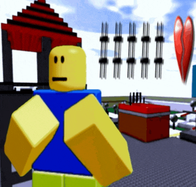 a roblox character with a sad face stands in front of a building