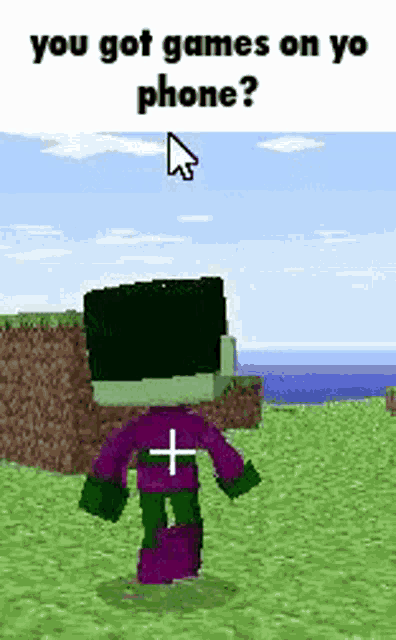 a minecraft character is standing in a field with a cursor pointing at him .