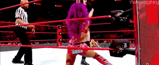a woman with purple hair is wrestling in a wrestling ring while a referee looks on .