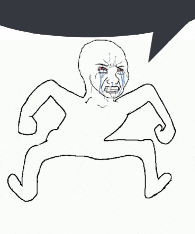 a drawing of a man crying with a speech bubble above him