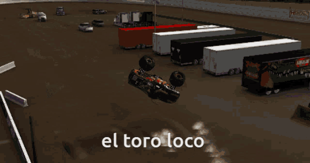 a monster truck is driving on a dirt track with the words el toro loco written below it