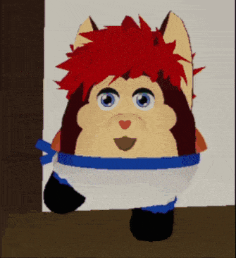 a stuffed animal with red hair is wearing a blue and white apron