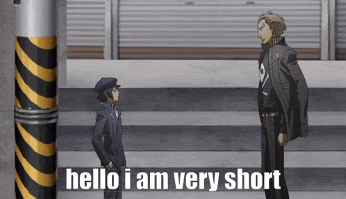 two men standing next to each other with the words " hello i am very short "