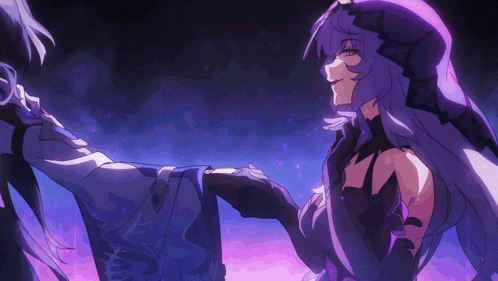 a girl with long purple hair is holding another girl 's hand in a dark room
