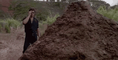 a man is standing in front of a pile of dirt that is one big pile of shit .