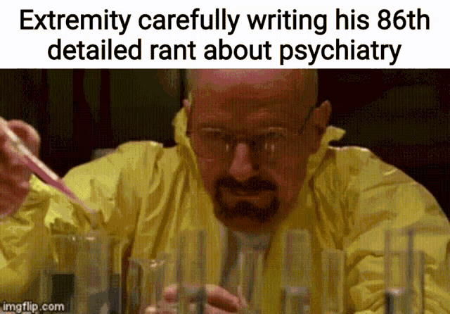 a man in a yellow suit is writing a rant about psychiatry