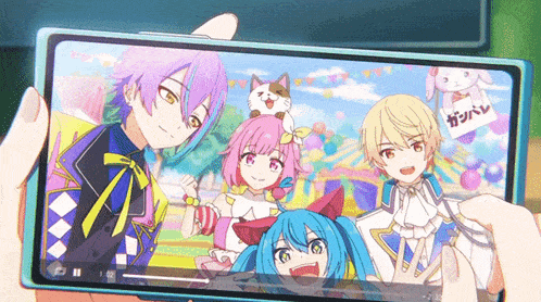 a person is holding a phone with a picture of a group of anime characters on it