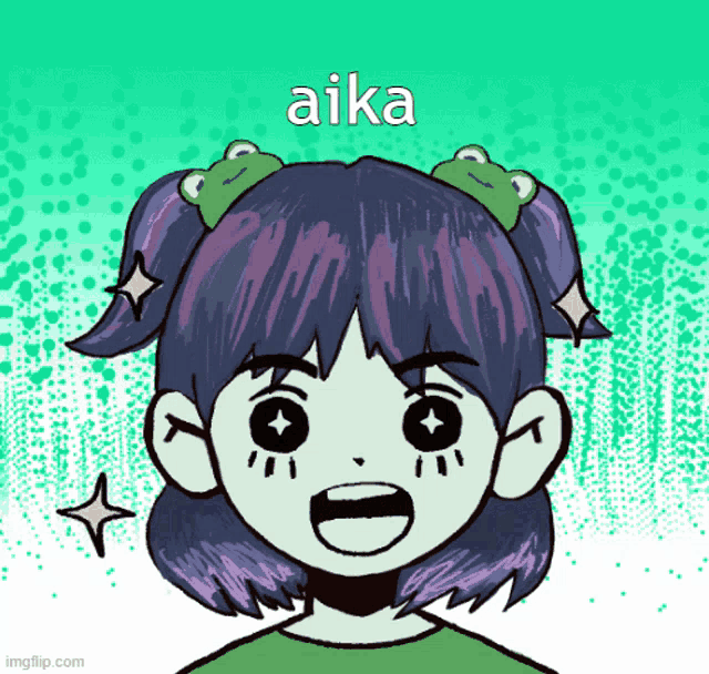 a drawing of a girl with frogs in her hair and the word aika on the bottom
