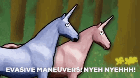 two unicorns are standing next to each other with the words evasive maneuvers nyeh nyehhh