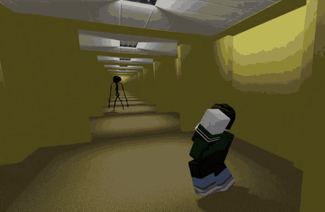 a person standing in a hallway with a tripod in the distance