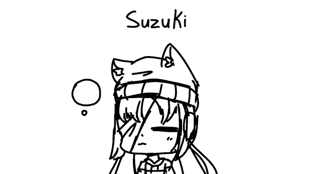 a black and white drawing of a girl with a cat hat and the name suzuki