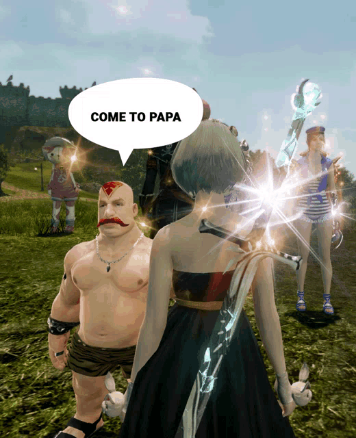 a video game scene with a speech bubble that says come to papa on it