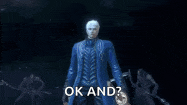 a person is holding a sword with a light coming out of it and says `` ok and '' .
