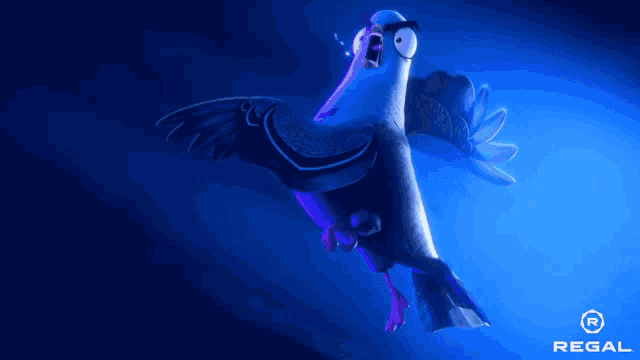 a cartoon pigeon with a regal logo on the bottom right