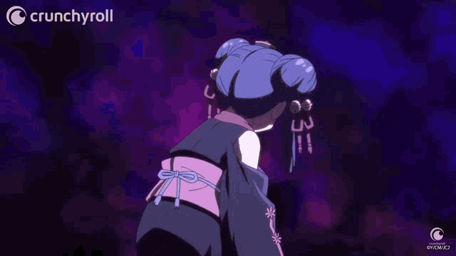 a crunchyroll ad with a girl in a kimono with glowing eyes