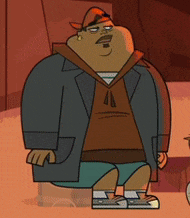 a cartoon character is wearing a jacket and shorts and has a hat on his head .