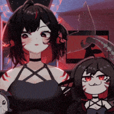 two anime girls are standing next to each other and one has red eyes