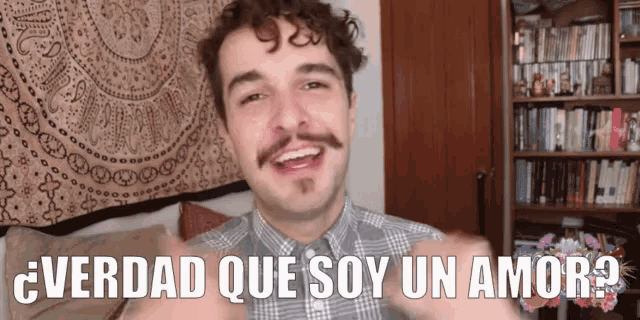 a man with a mustache is smiling with the words verdad que soy un amor behind him