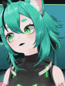 a close up of a cartoon character with green hair and a cat ear