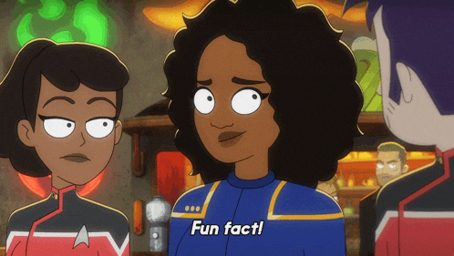 a cartoon character says fun fact while talking to two other characters