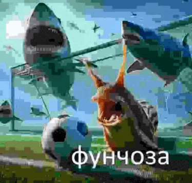a snail is playing soccer with sharks and a soccer ball in the background .