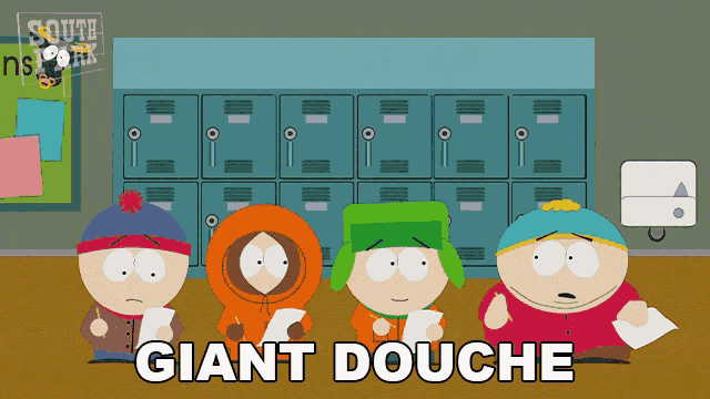 a group of south park characters standing in front of lockers with giant douche written in black