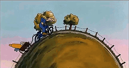 a cartoon of a man riding a bike on a hill