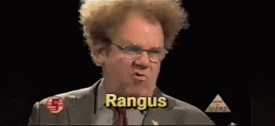 a man in a suit and tie with the name rangus on his face