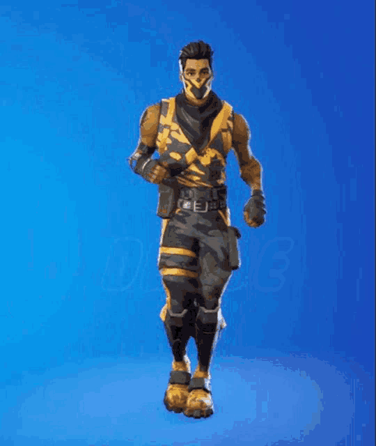 a man with a mask on his face is standing on a blue background .