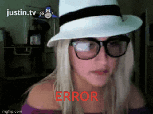 a woman wearing glasses and a hat has the word error written in red