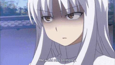 a girl with white hair says " the world runs on money " in a cartoon