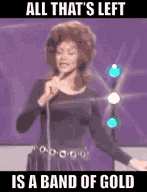 a woman singing into a microphone with the words all that 's left is a band of gold