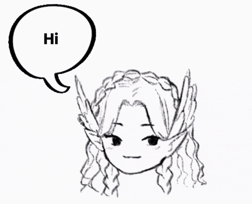 a black and white drawing of a woman with a speech bubble that says hi