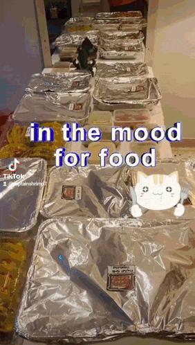 a table full of food with the words in the mood for food written above it