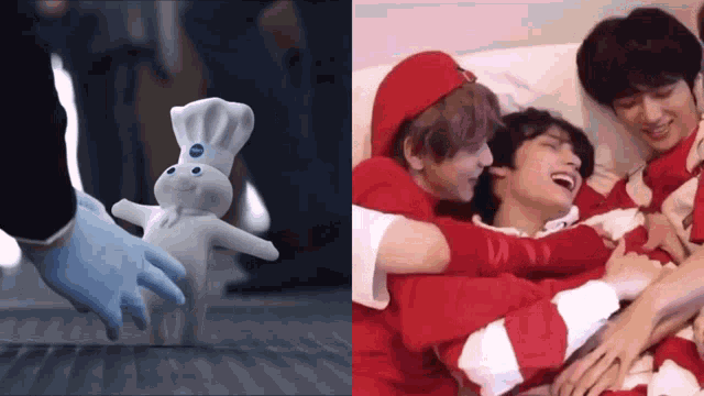 a picture of a person holding a pillsbury dough boy next to a picture of a group of people hugging each other