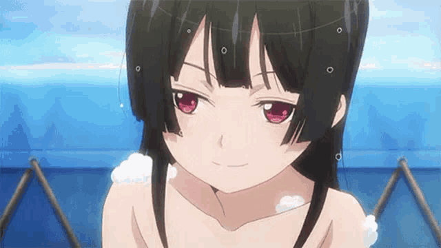 a naked anime girl is taking a bath in a bathtub .