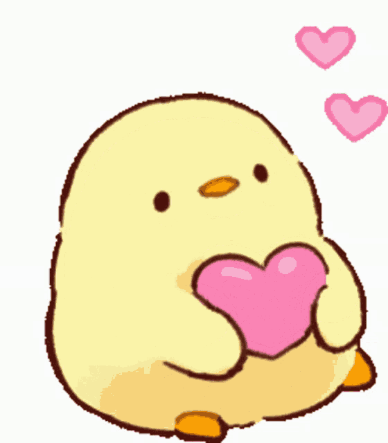 a yellow chicken holding a pink heart with two pink hearts above it