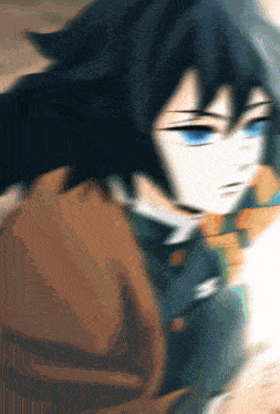 a blurry picture of a person with blue eyes and black hair .