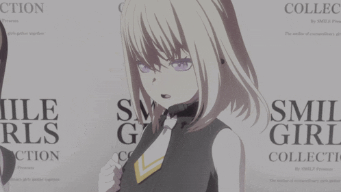 a girl with purple eyes stands in front of a smile girl collection poster