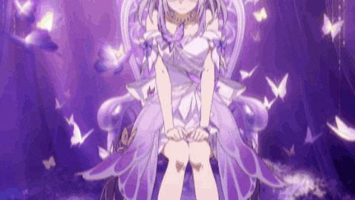a girl in a purple dress is sitting in a chair with butterflies around her .