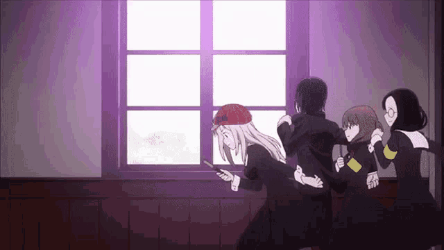 a group of anime characters are standing in front of a window looking out