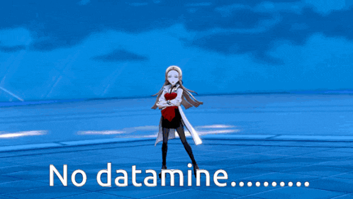 a woman in a red dress stands in front of a blue sky with the words " no datamine " written below her