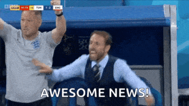 two men are dancing in a soccer stadium with the words awesome news written on the screen