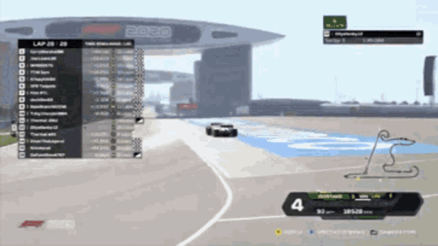 a race car is driving down a race track in a video game with the number 4 on the screen