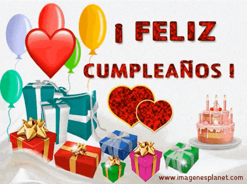 a birthday card that says feliz cumpleanos surrounded by gifts and balloons